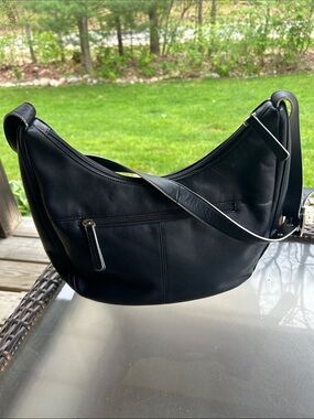Laura Ashley Black Faux Leather Crossbody Hobo Bag with White Trim